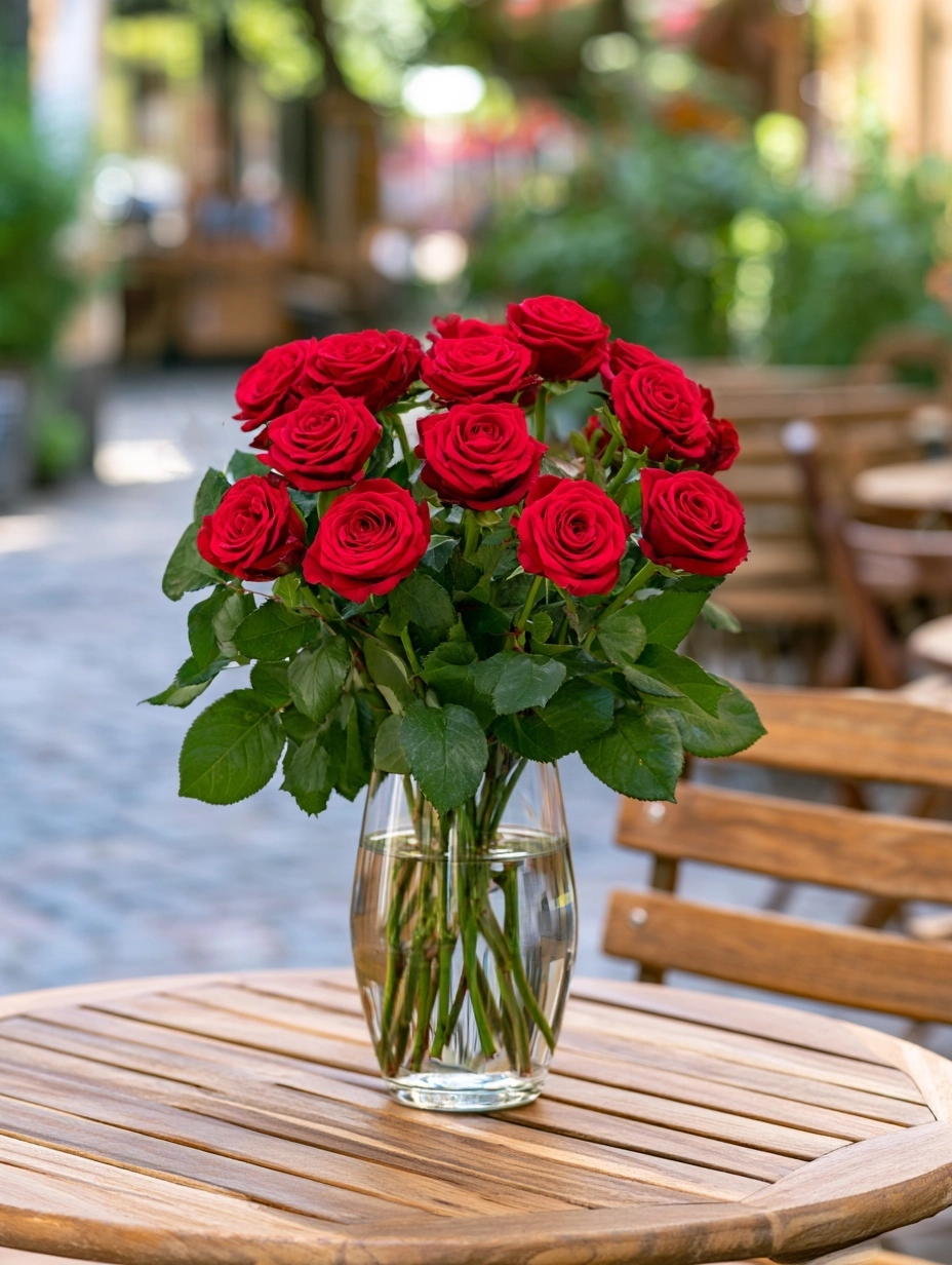 Dozen red roses in vase