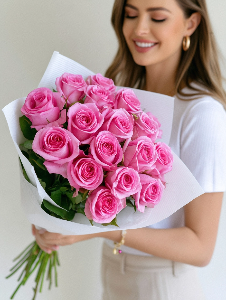 18 Hot Pink Roses Wrapped Bouquet